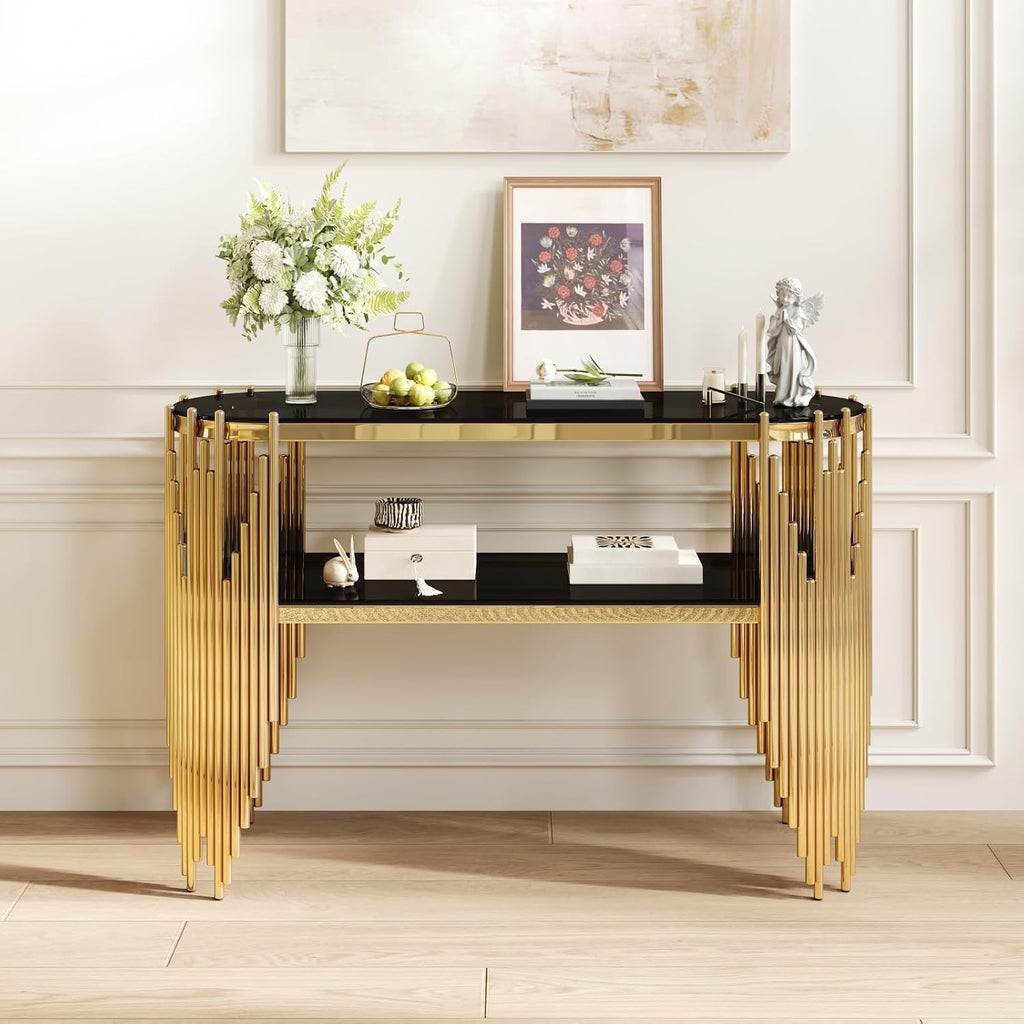 Luxury Gold Console Table with 2-Tier Black Tempered Glass Shelves, 47" Modern Oval Entryway Table with Polished Stainless Steel Frame for Hallway & Living Room & Behind Couch