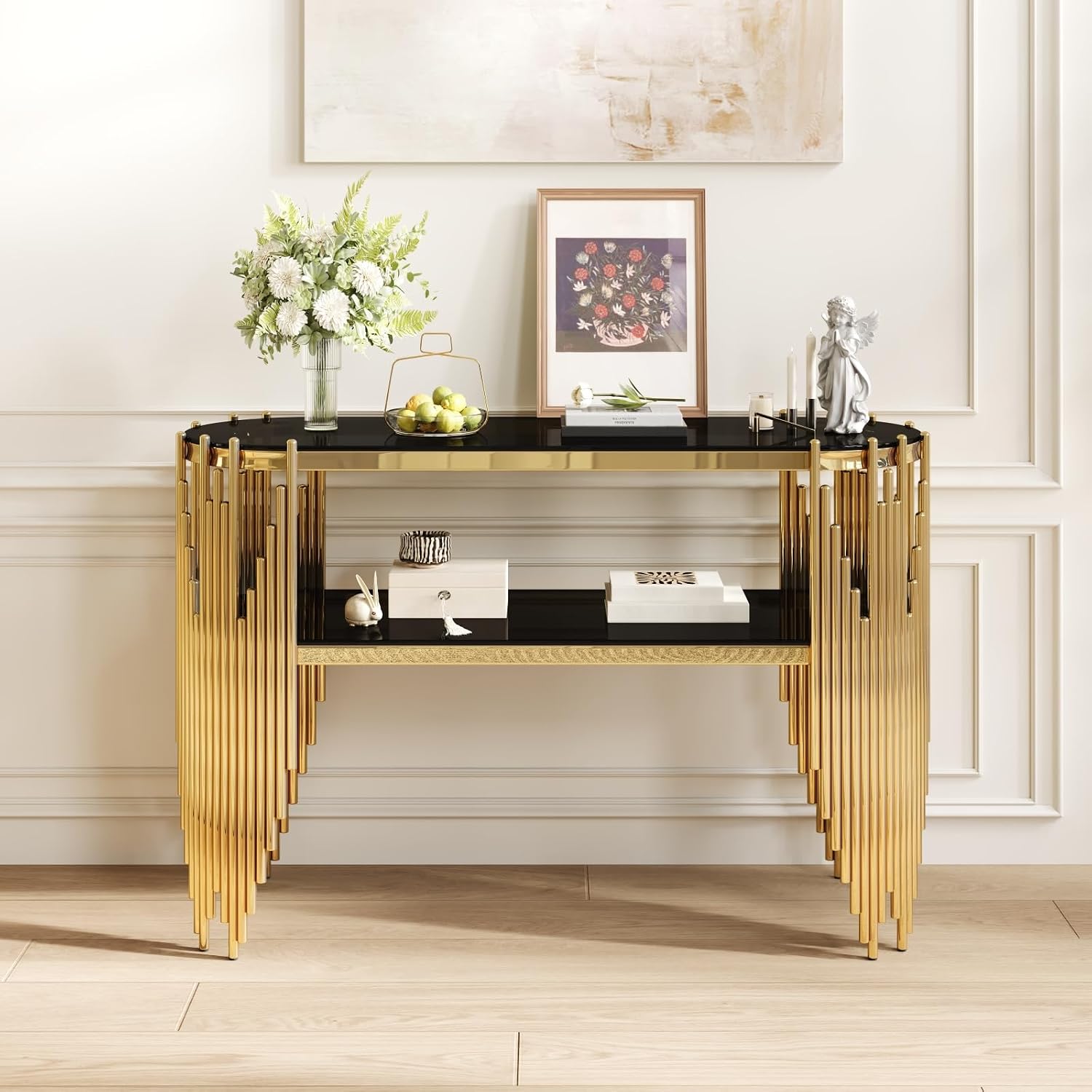 Luxury Gold Console Table with 2-Tier Black Tempered Glass Shelves, 47" Modern Oval Entryway Table with Polished Stainless Steel Frame for Hallway & Living Room & Behind Couch
