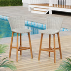 Saiveina Lymington Outdoor Bar Stool, Teak Finished Wood with Light Grey Wicker, Set of 2