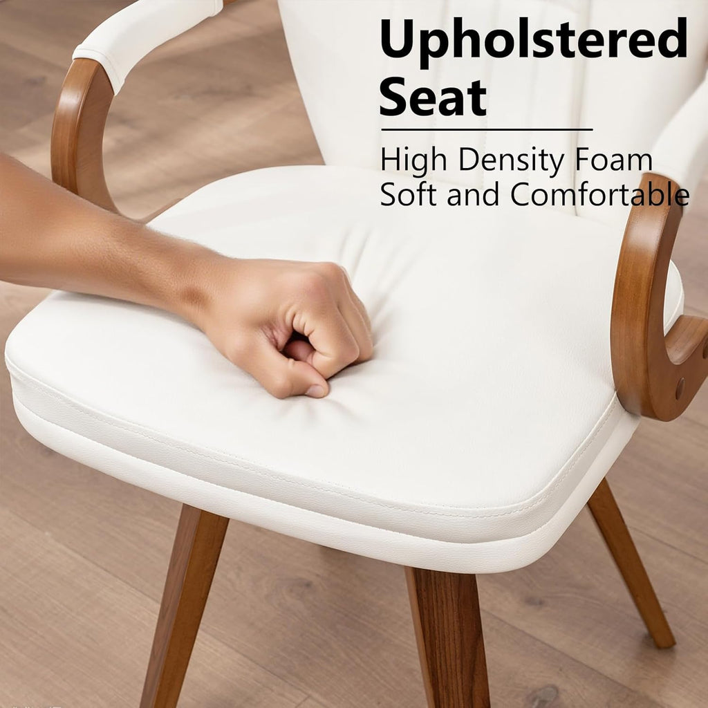 Swivel Dining Chairs Set of 4 Mid Century Modern White Faux Leather Upholstered Kitchen Chairs with Bentwood Frame Armrests Side Chairs,Comfortable Ergonomic Wood Accent Chair No Wheels