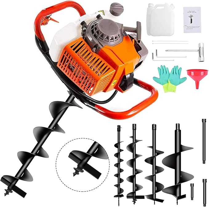 62cc Post Hole Digger 2-Stroke Petrol Gas Powered Earth Digger with 3 Extension Rods（8" 12" & 20"） + 4 Auger Drill Bits (4" 6" 8" & 12") for Farm Garden Plant