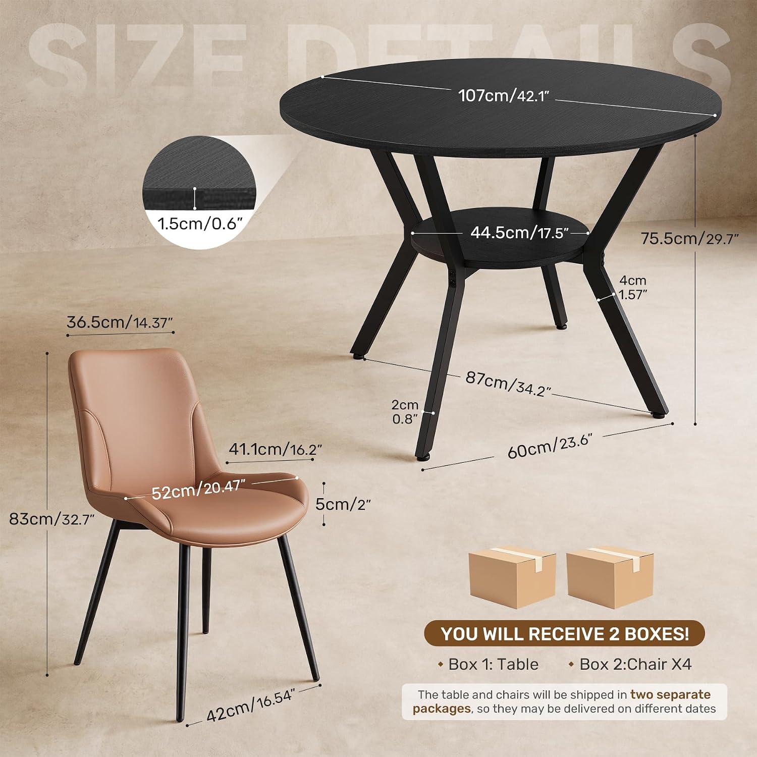 Miereirl 42.13" 5-Piece Round Dining Table Set for 4, Kitchen Table Set with 4 Upholstered Chairs and Storage Shelf, Dining Room Furniture Set for Apartment, Small Spaces