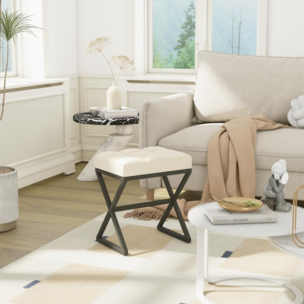YMYNY Vanity Stool, Linen Footrest Stool, Ottoman Bench with X-Shaped Metal Legs, Makeup Dressing Stool for Vanity, Living Room, Bedroom, Entryway, Hallways 15.74" D×11.81" W×18.11" H Beige UHBD033Y