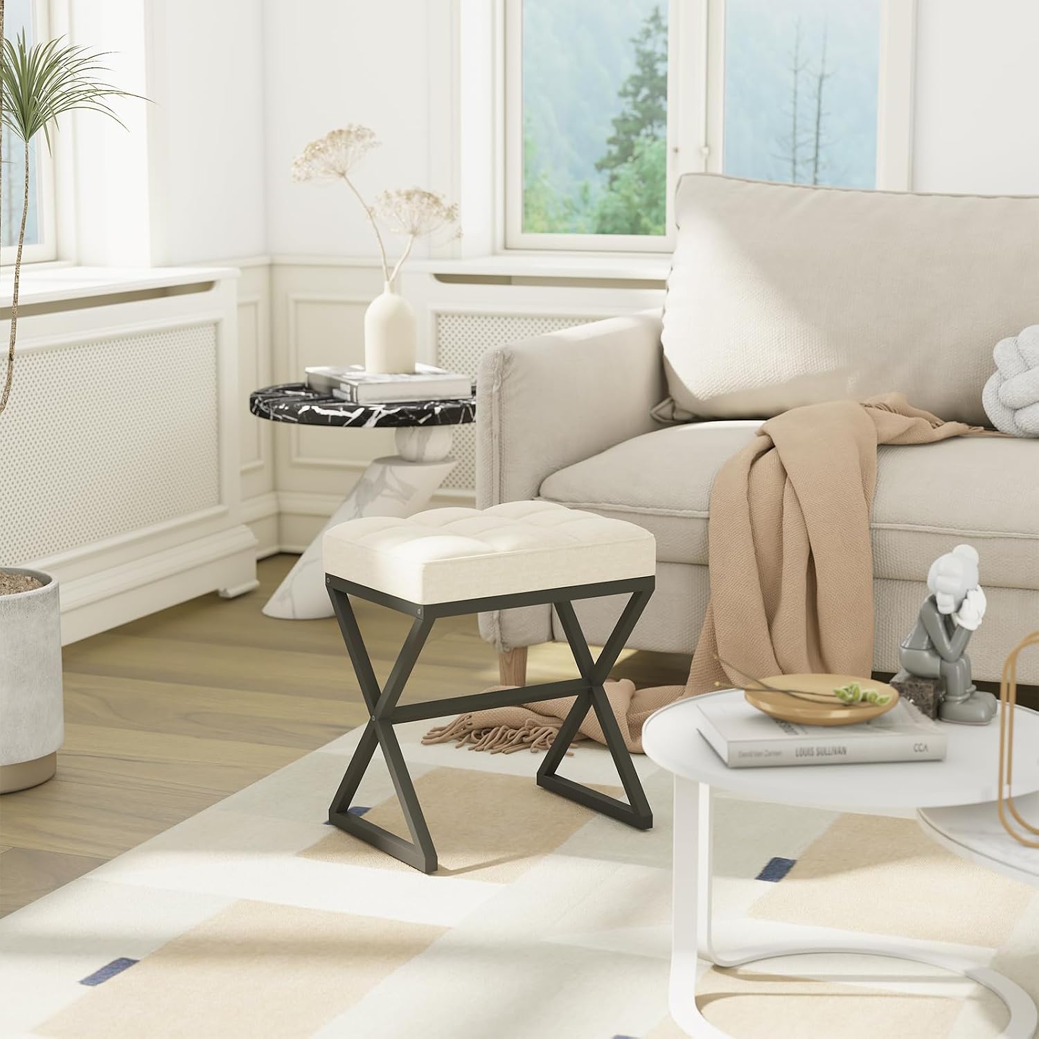 YMYNY Vanity Stool, Linen Footrest Stool, Ottoman Bench with X-Shaped Metal Legs, Makeup Dressing Stool for Vanity, Living Room, Bedroom, Entryway, Hallways 15.74" D×11.81" W×18.11" H Beige UHBD033Y