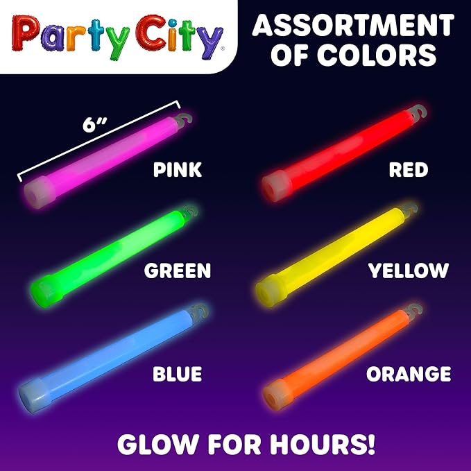 Party City Multicolor Glow Sticks Bulk Pack 6”- 12pk Glow in the Dark Sticks for Kids, Waterproof Camping Survival Ultra Bright Emergency Light Stick with String, Neon Glowsticks Party Supplies Favors