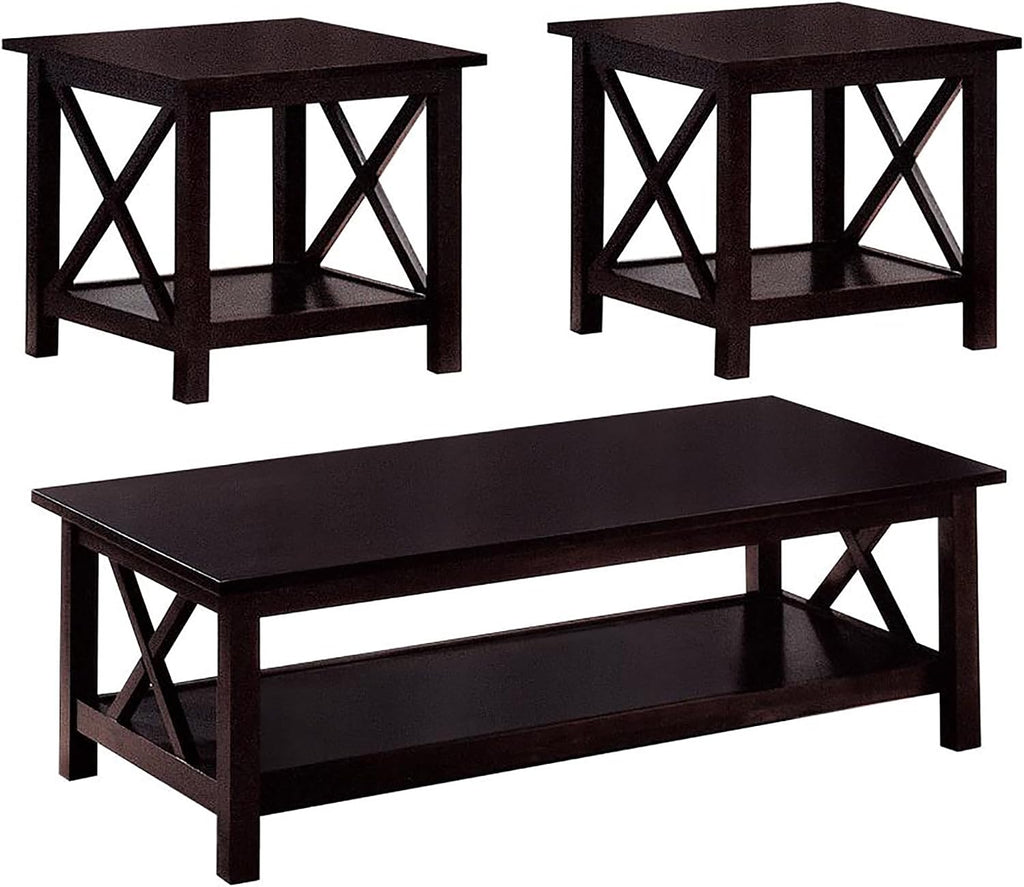Set of 3 Cherry Round Accent Table with Faux Marble Top, Wood, Brown