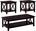 Set of 3 Cherry Round Accent Table with Faux Marble Top, Wood, Brown