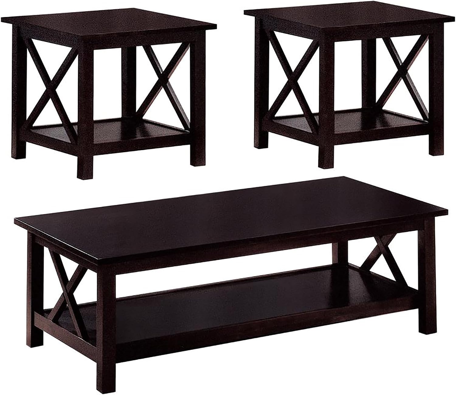 Set of 3 Cherry Round Accent Table with Faux Marble Top, Wood, Brown