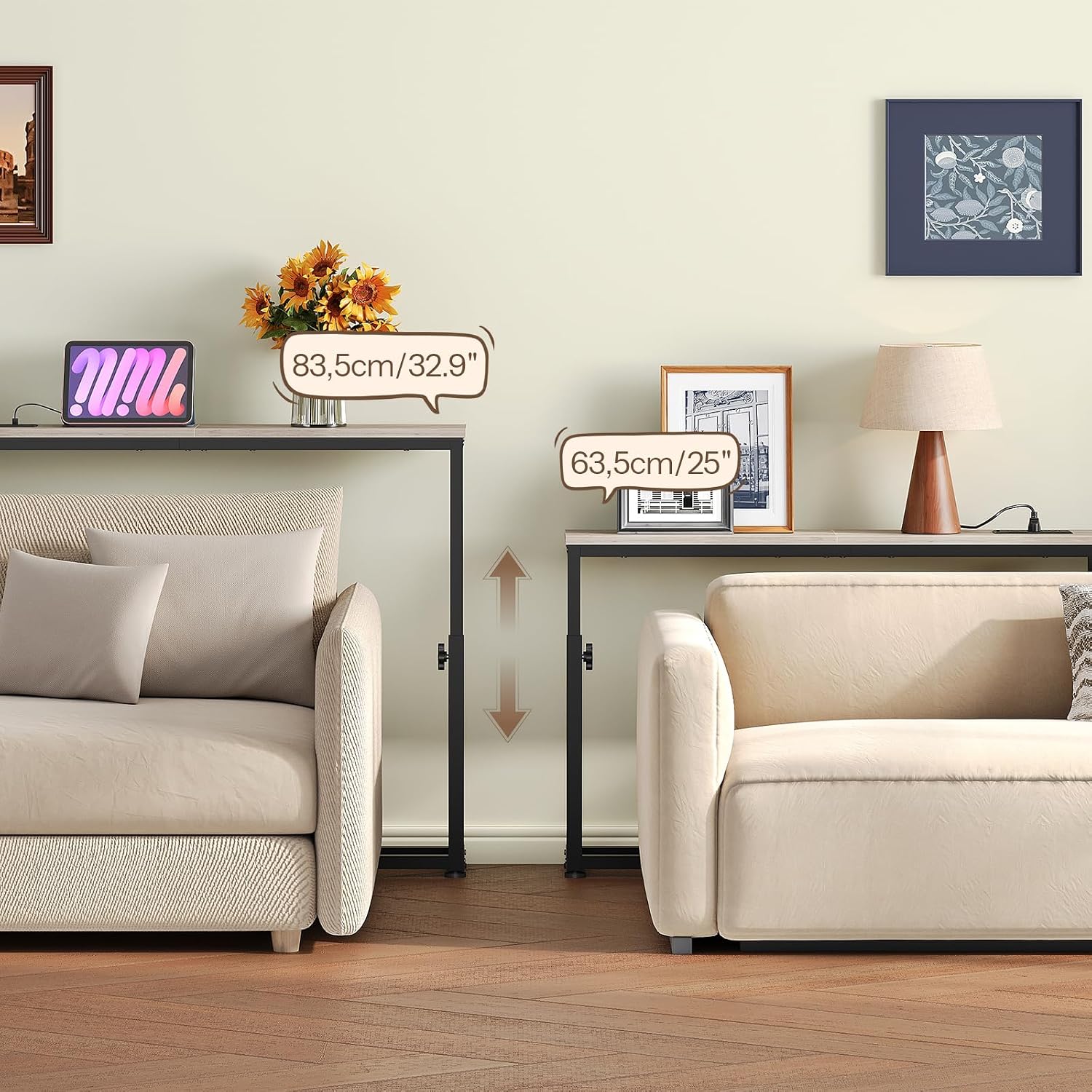 HOOBRO Narrow Console Table with Charging Station, Adjustable Height Sofa Table (25''-32.9''), Slim Behind Couch Table for Small Spaces, Entryway, Living Room, 39.4" Greige BG95UXG01