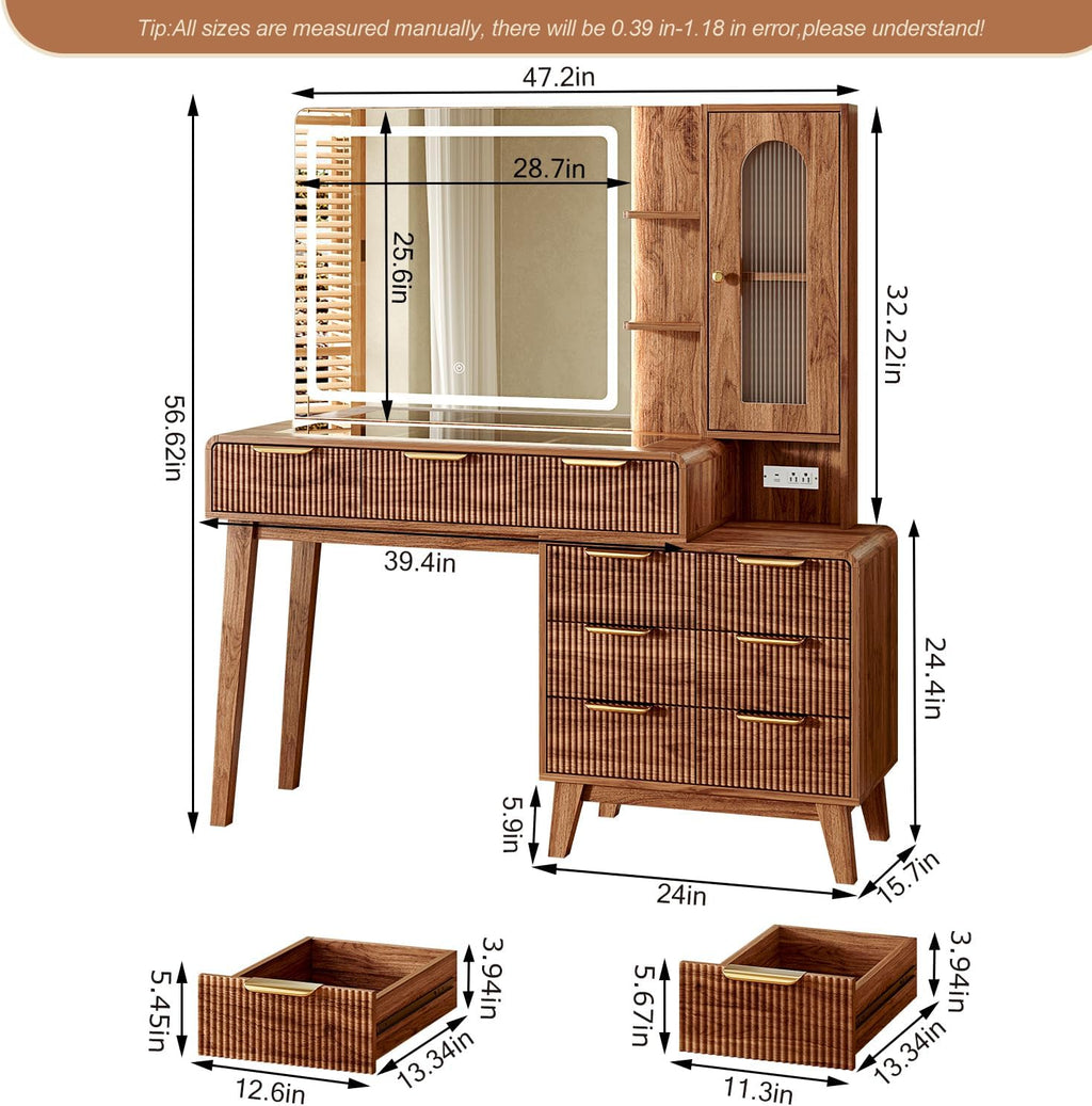 Glass Top Makeup Vanity with 3-Color LED Lighted Mirror & Power Strip, Large Vanity Table with 9 Drawers, Enclosed Cabinet & 2-Tier Open Shelves, Wooden Legs Bedroom Dressing Table, 47.2"W, Walnut