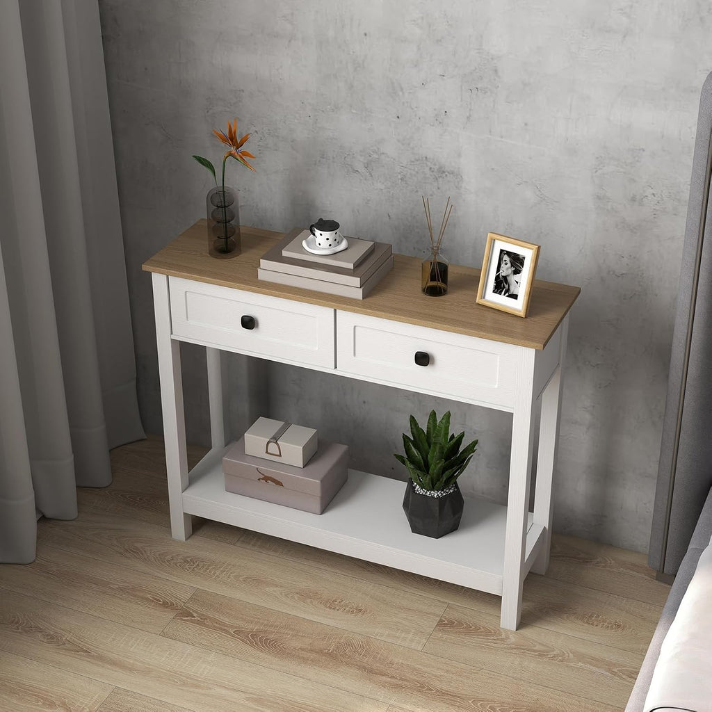 kinbor Entryway Table - White Console Table with 2 Drawers, Narrow Small Console Table with Storage Shelf for Entryway, Living Room, Hallway, Easy to Install, White