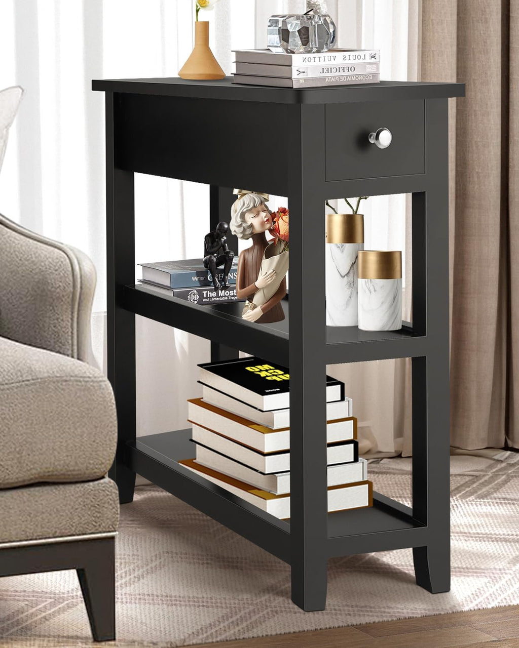 Homdox Narrow Side Table, 3 Tier Sofa End Table with Drawer and Shelf for Living Room, Wooden Nightstand with Storage for Small Spaces, Black