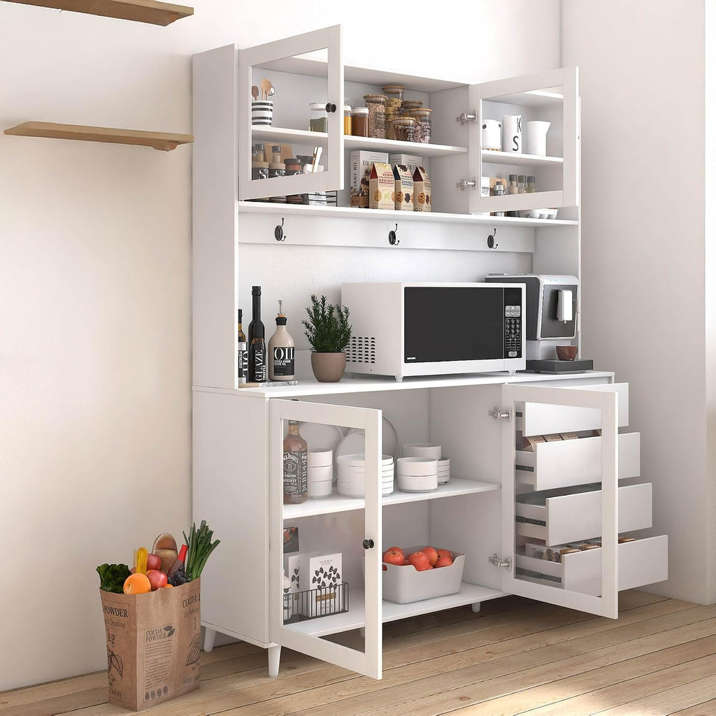 74" Tall Kitchen Pantry Storage Cabinet with Drawers, Microwave Shelf & Hutch, Modern Freestanding Kitchen Cabinets with Countertop & Hook Up, White Buffet Cabinet, (63" W x 15.7" D x 74.8" H)