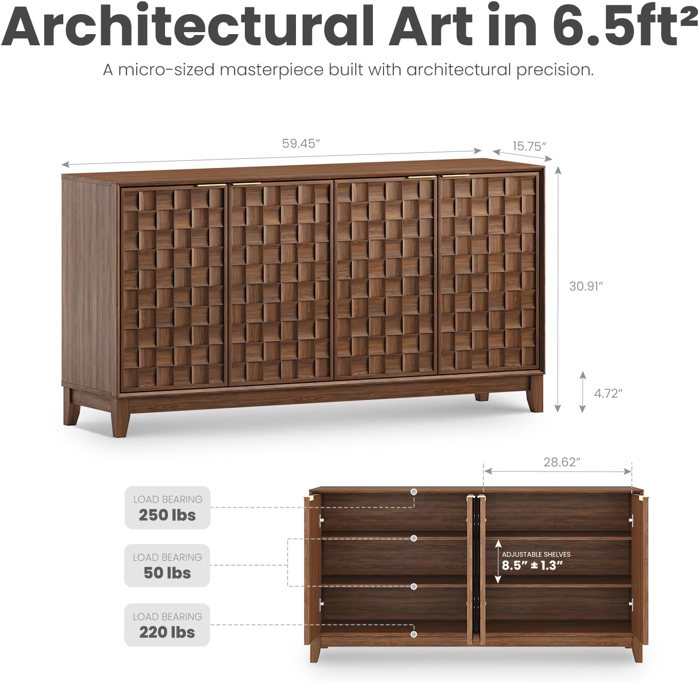 COLAMY 60" Sideboard Buffet Cabinet with Storage, Modern 4-Door Buffet Table with 3D Checkerboard Doors & Solid Wood Legs, Large Coffee Bar Cabinet for Dining Room, Living Room, Entryway, Espresso