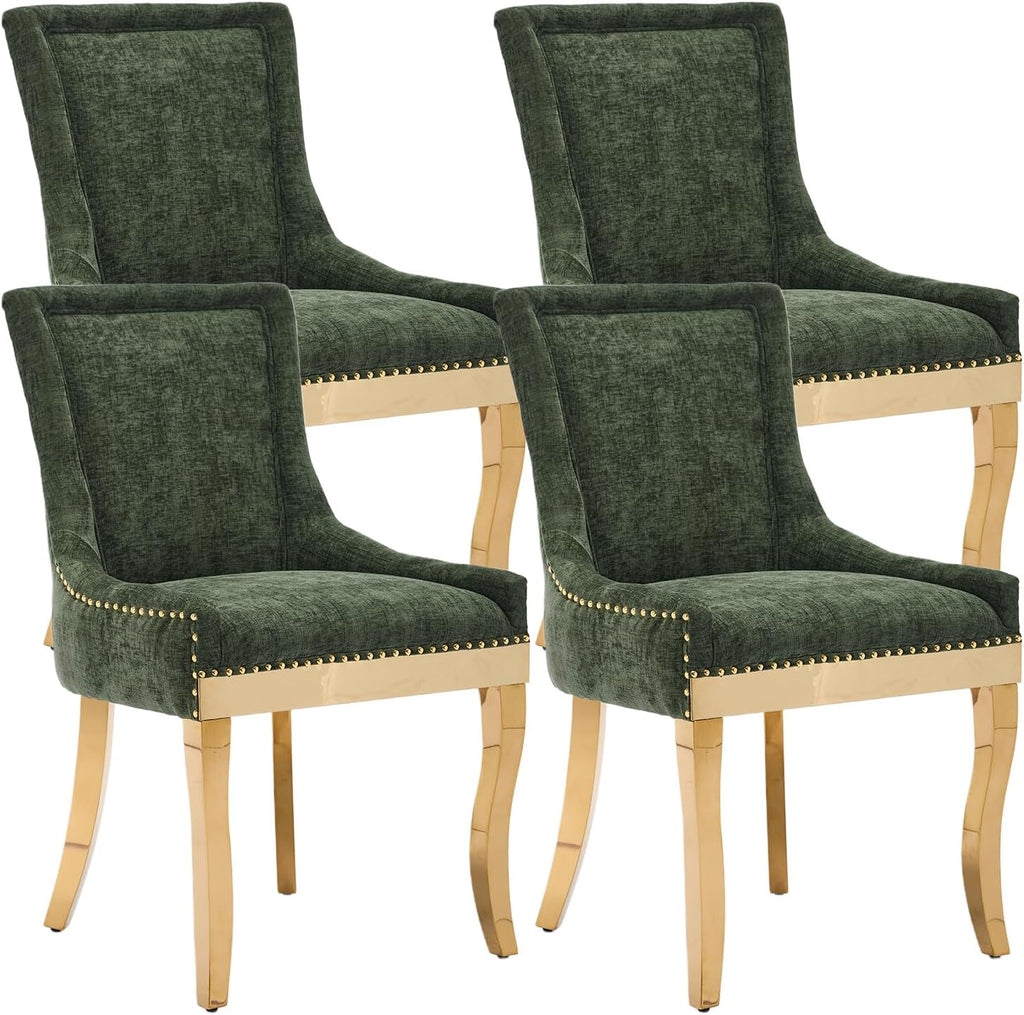 Upholstered Dining Chairs Set of 4, Chenille Fabric Dining Room Chairs with with Gold Stainless Steel Legs, Nailhead Trim, Modern Farmhouse Accent Chairs for Dining Room or Kitchen, Olive Green