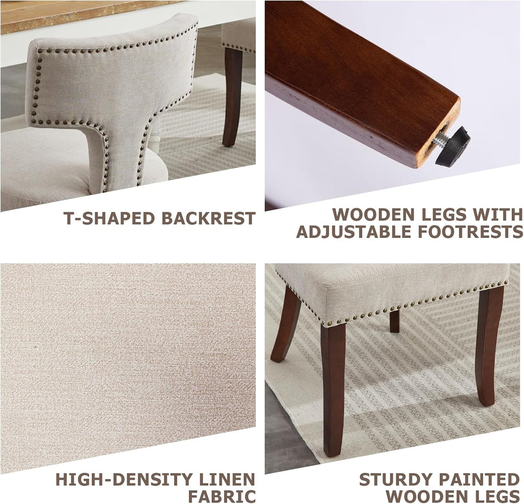 Mid Century Modern Farmhouse Dining Chairs Set of 2, Linen Upholstered with Curved Backrest & Copper Nail Trim, Hardwood Frame, Beige