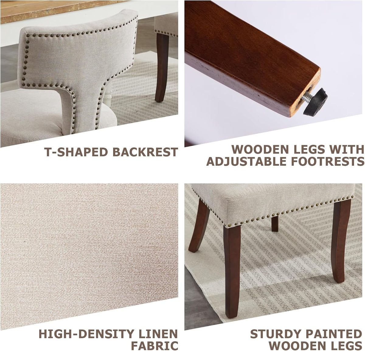 Mid Century Modern Farmhouse Dining Chairs Set of 2, Linen Upholstered with Curved Backrest & Copper Nail Trim, Hardwood Frame, Beige