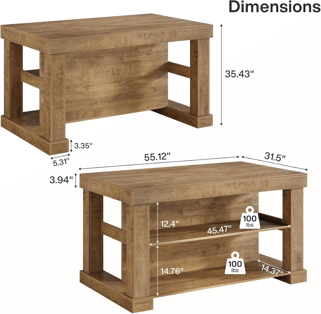 Tribesigns 55" Kitchen Island with Seating and Storage, 3-Tier, Farmhouse | Wood Stationary Island Table with Large Worktop & Legroom, Sturdy Coffee Bar Table with Storage Shelf for Kitchen, Brown