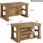 Tribesigns 55" Kitchen Island with Seating and Storage, 3-Tier, Farmhouse | Wood Stationary Island Table with Large Worktop & Legroom, Sturdy Coffee Bar Table with Storage Shelf for Kitchen, Brown
