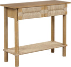 Nathan James Beacon Wooden Sofa Console Table with Drawers, Bohemian Entryway Table, Hallway Table with Seagrass Shelf, Light Brown, Set of 3