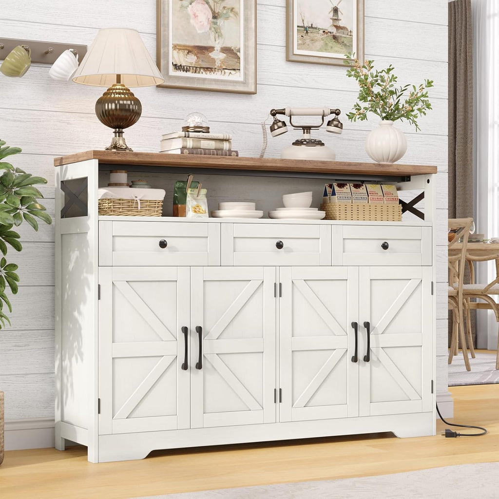 Befrases Farmhouse Sideboard Buffet Cabinet, Barn Doors Storage Cabinet with Drawers and Open Shelf, 47.2'' Wood Coffee Bar Microwave Station for Kitchen, Living Room, Hallway, White