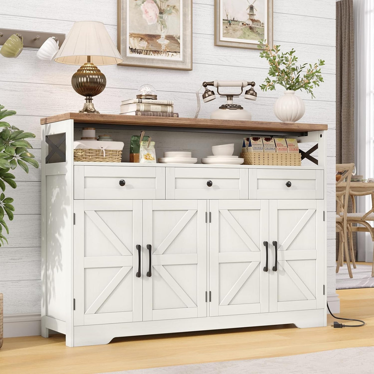 Befrases Farmhouse Sideboard Buffet Cabinet, Barn Doors Storage Cabinet with Drawers and Open Shelf, 47.2'' Wood Coffee Bar Microwave Station for Kitchen, Living Room, Hallway, White
