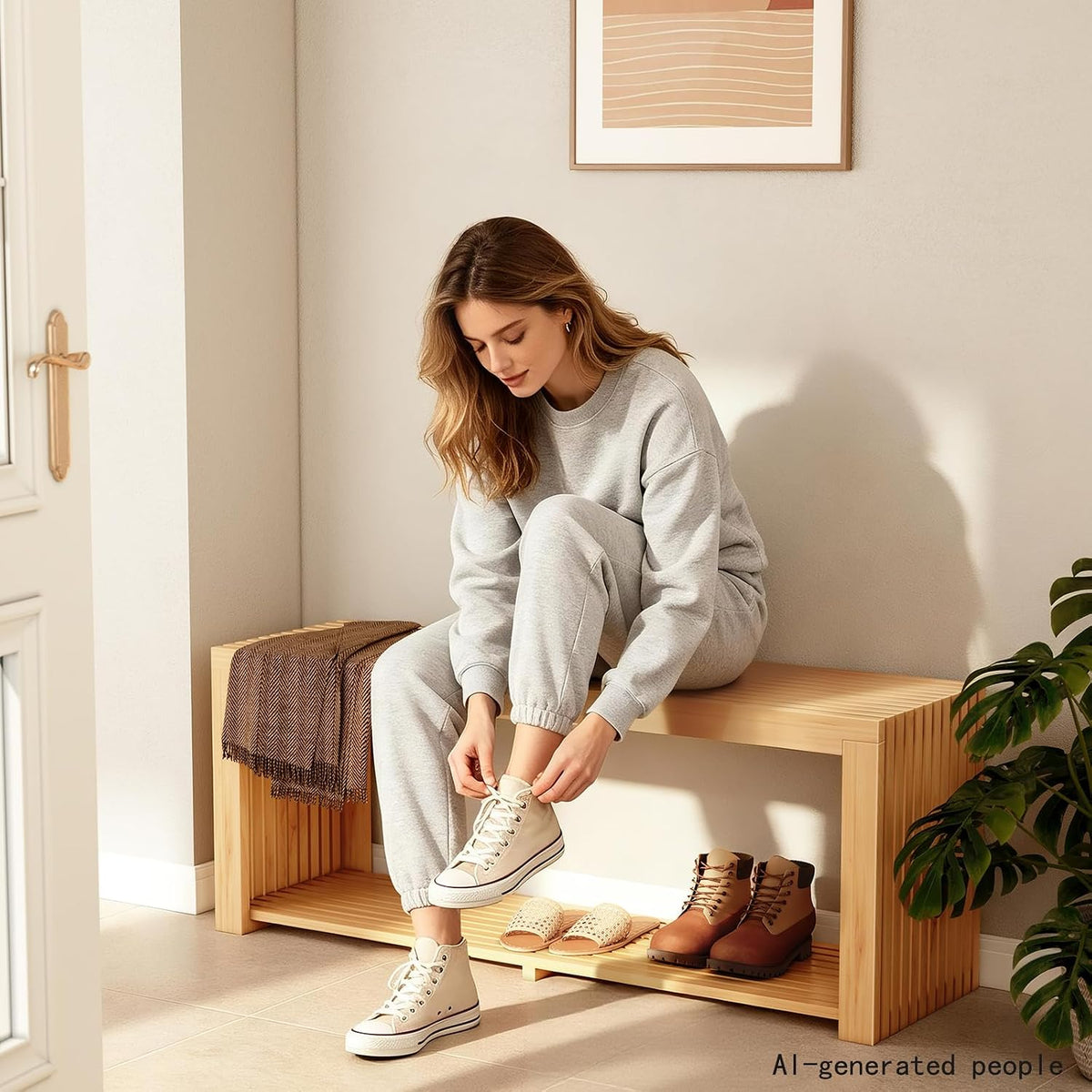 Bamboo Bench with Shelf, 35-in Entryway Bench Seat for Indoor, Natural | shoe bench for entryway, hallway, doorway, modern benches for end of bed bench, low bench for window