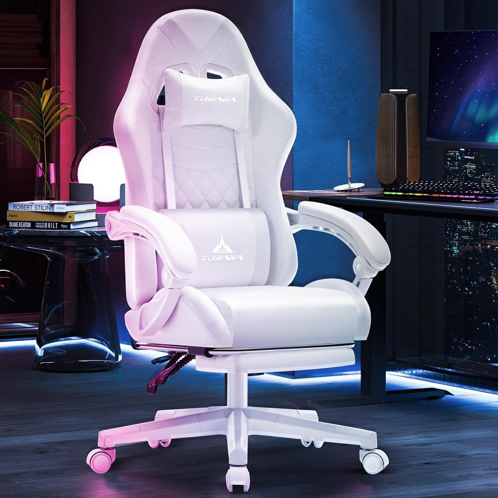 White Gaming Chair,Ergonomic Massage Office Desk Chair with Footrest | Pocket Spring Cushion,Reclining,Thick High Back,Headrest and Lumbar Support,Adjustable Leather Computer Chair Gamer Chair