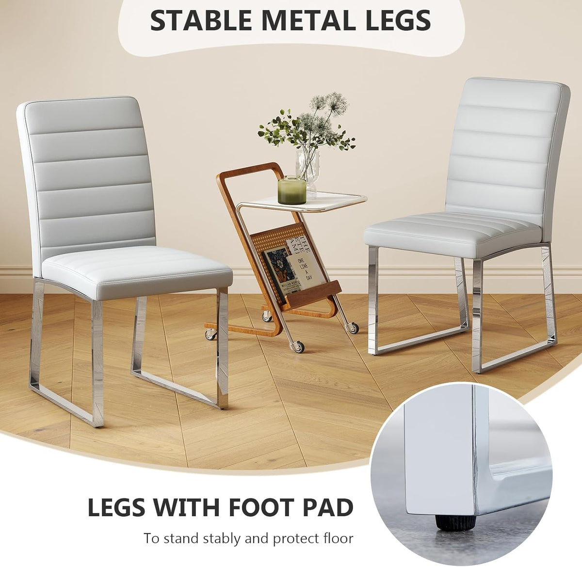 Hommoo Dining Chairs Set of 4, Faux Leather Upholstered Kitchen Chairs, Padded Seat Armless Dining Room Chair with Metal Leg, Modern Dinner Chair for Restaurant Living Room Grey