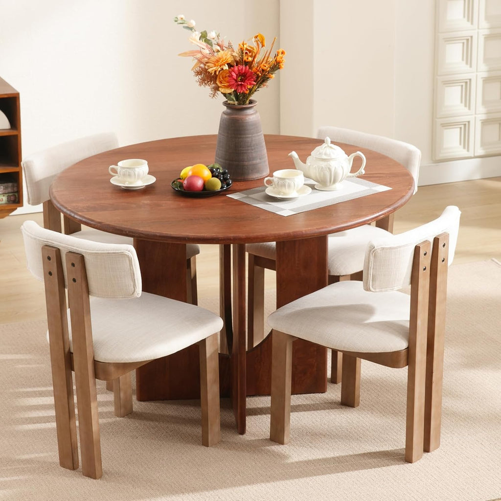 Kmax Farmhouse Dining Chair Set of 6, Linen Fabric Dining Room Chair Curved Backrest Armless Kitchen Chairs with Walnut Wood Legs for Family Diner, Beige
