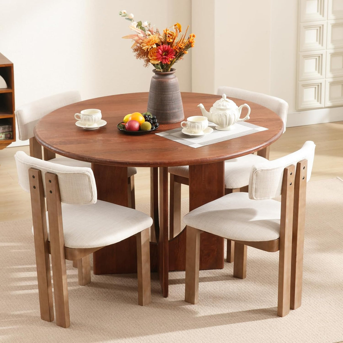 Kmax Farmhouse Dining Chair Set of 6, Linen Fabric Dining Room Chair Curved Backrest Armless Kitchen Chairs with Walnut Wood Legs for Family Diner, Beige