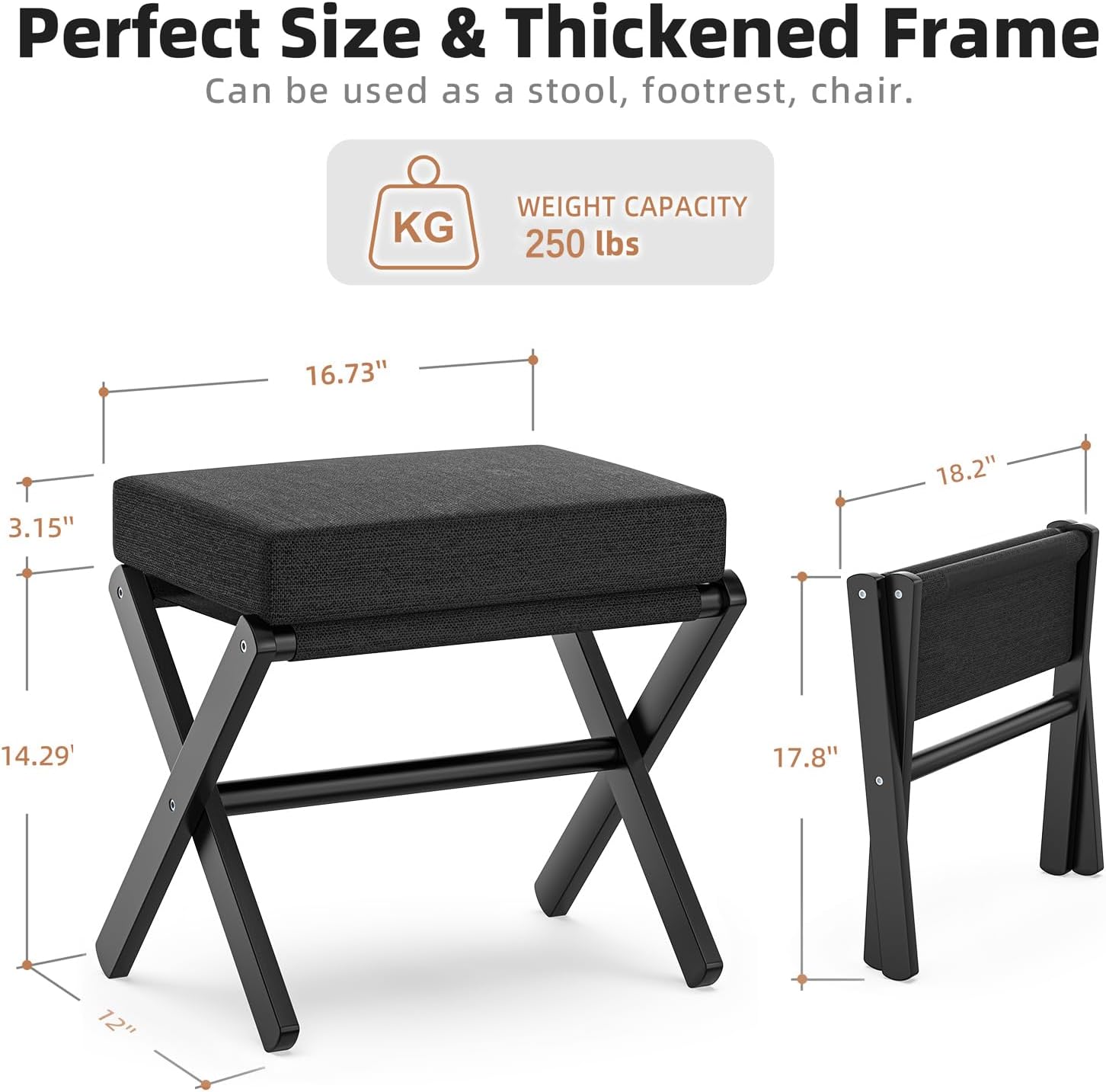 BAMBOOHOMIE Foldable Foot Stool Ottoman, Small Padded Foot Rest with Bamboo X-Legs, Portable Folding Leg Rest for Living Room Bedroom Office, Soft Foam Cushion Step Stool for Couch & Armchair (Black)