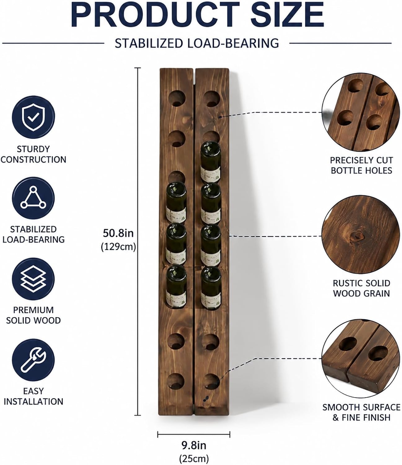 Wall Mounted Wine Riddling Rack,Wall Mounted Wine Rack Solid Wood Storage Organizer Vertical Display Stand for Kitchen Dining Room Bar Rustic Home Decor Space Saving Design(2 * 8, Brown)