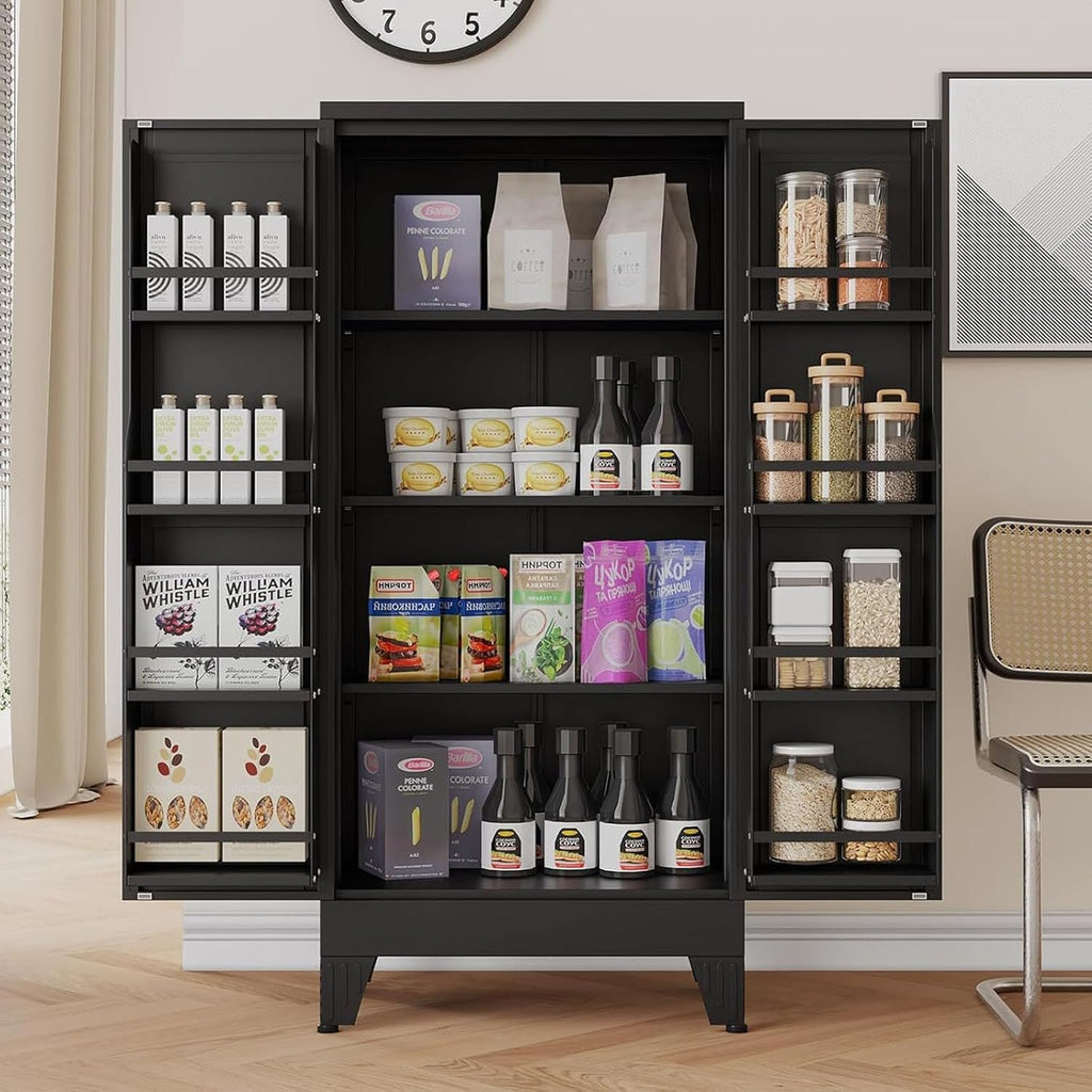47.2" H Tall Metal Kitchen Pantry Storage Cabinet, Freestanding Storage Cabinet with Magnetic Doors and Adjustable Shelves, Black Metal Pantry Cabinets for Dining Room and Living Room