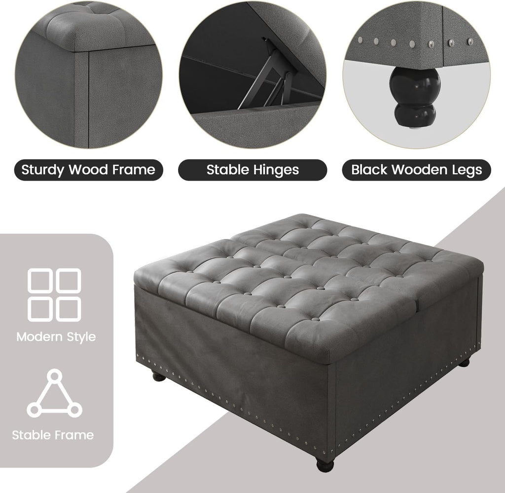 FUXA 35" Large Square Ottoman with Storage and Lift Top, Wood Legs, Gray | Oversized Coffee Table, Tufted Upholstered Bench, Sturdy Construction, for Living Room