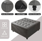 FUXA 35" Large Square Ottoman with Storage and Lift Top, Wood Legs, Gray | Oversized Coffee Table, Tufted Upholstered Bench, Sturdy Construction, for Living Room