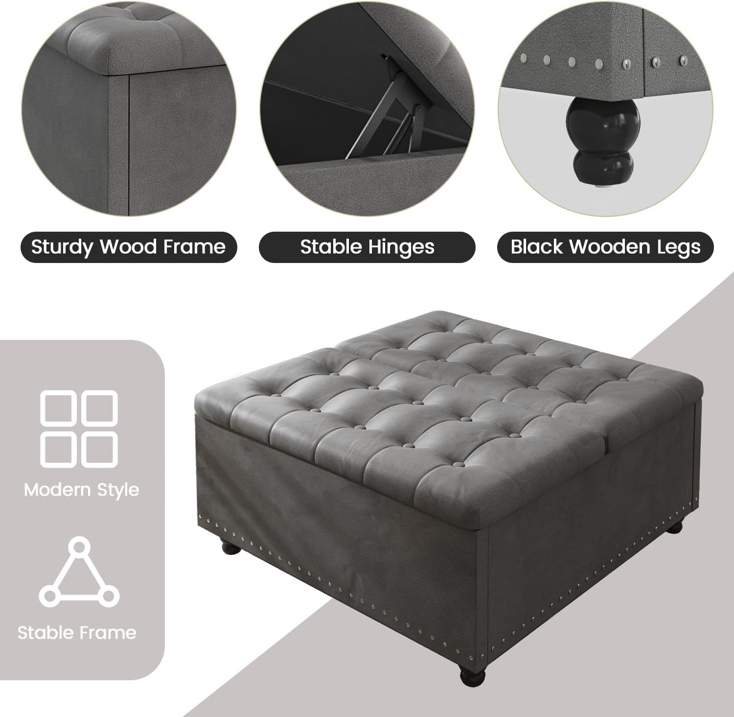 FUXA 35" Large Square Ottoman with Storage and Lift Top, Wood Legs, Gray | Oversized Coffee Table, Tufted Upholstered Bench, Sturdy Construction, for Living Room