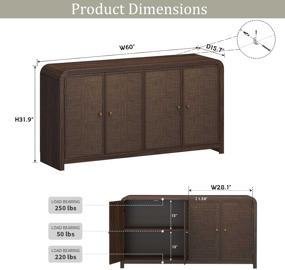 Oak&Sparrow Oak Sideboard Buffet Cabinet with Storage, 60'' Boho Buffets & Sideboards with Adjustable Shelves, Rattan Sideboard Cabinet with 4 Doors for Living Room, Hallway & Kitchen