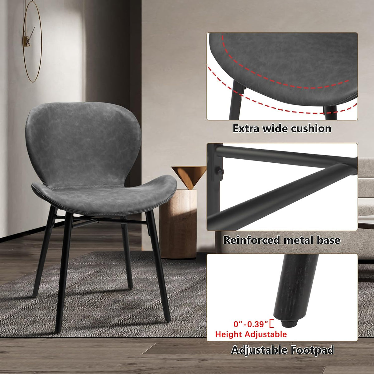 Modern Dining Chair Set of 4, Comfortable Dining Room Chairs with Thick Cushions, Faux Leather Upholstered Kitchen Armless Side Chairs, Wooden Leg for Home, Kitchen, Grey