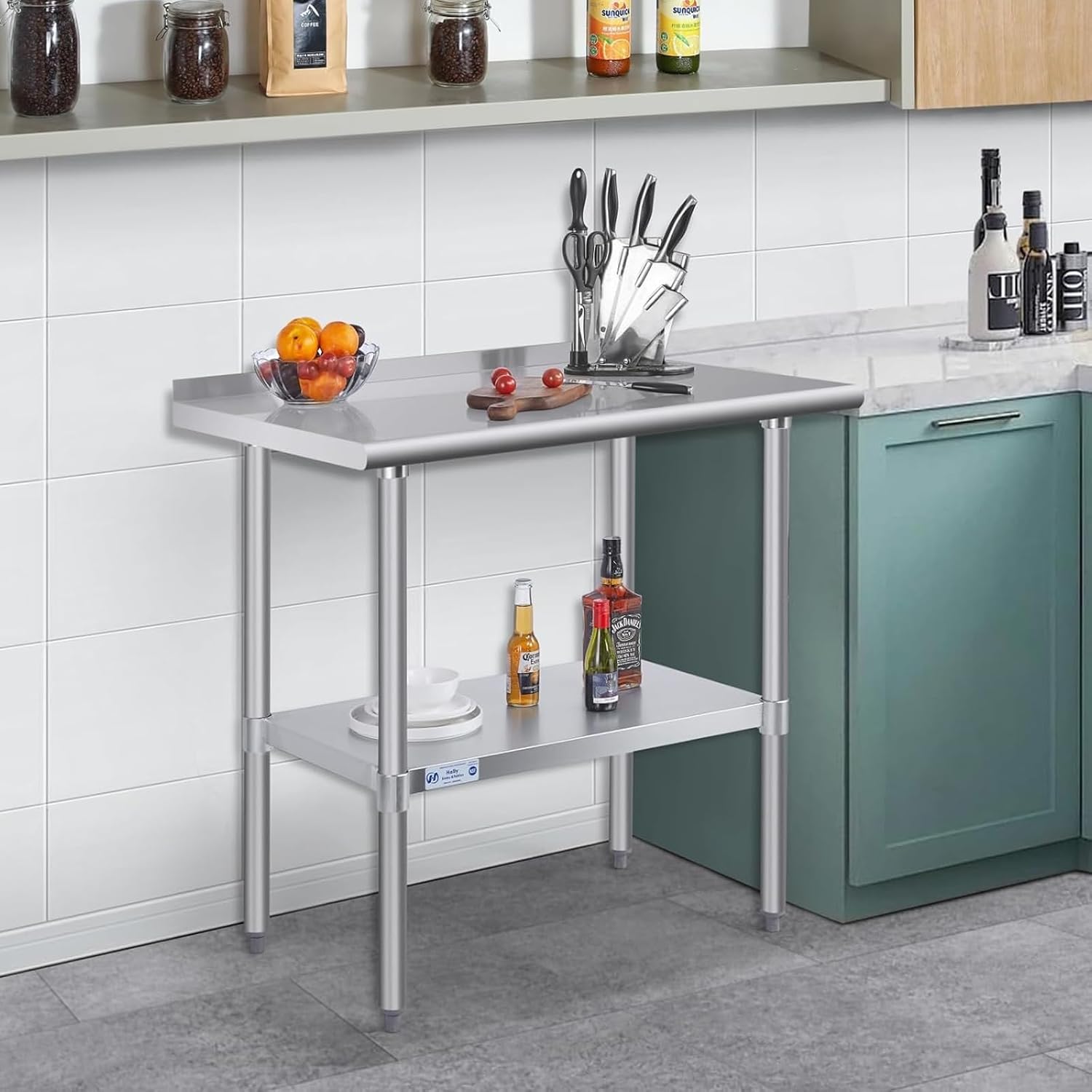 Hally Stainless Steel Table 30 x 48 in, Kitchen Prep Work Table, Backsplash | Gives outdoor cooks or repair teams ample room for gear; lower shelf organizes supplies and raised edge helps contain messes.