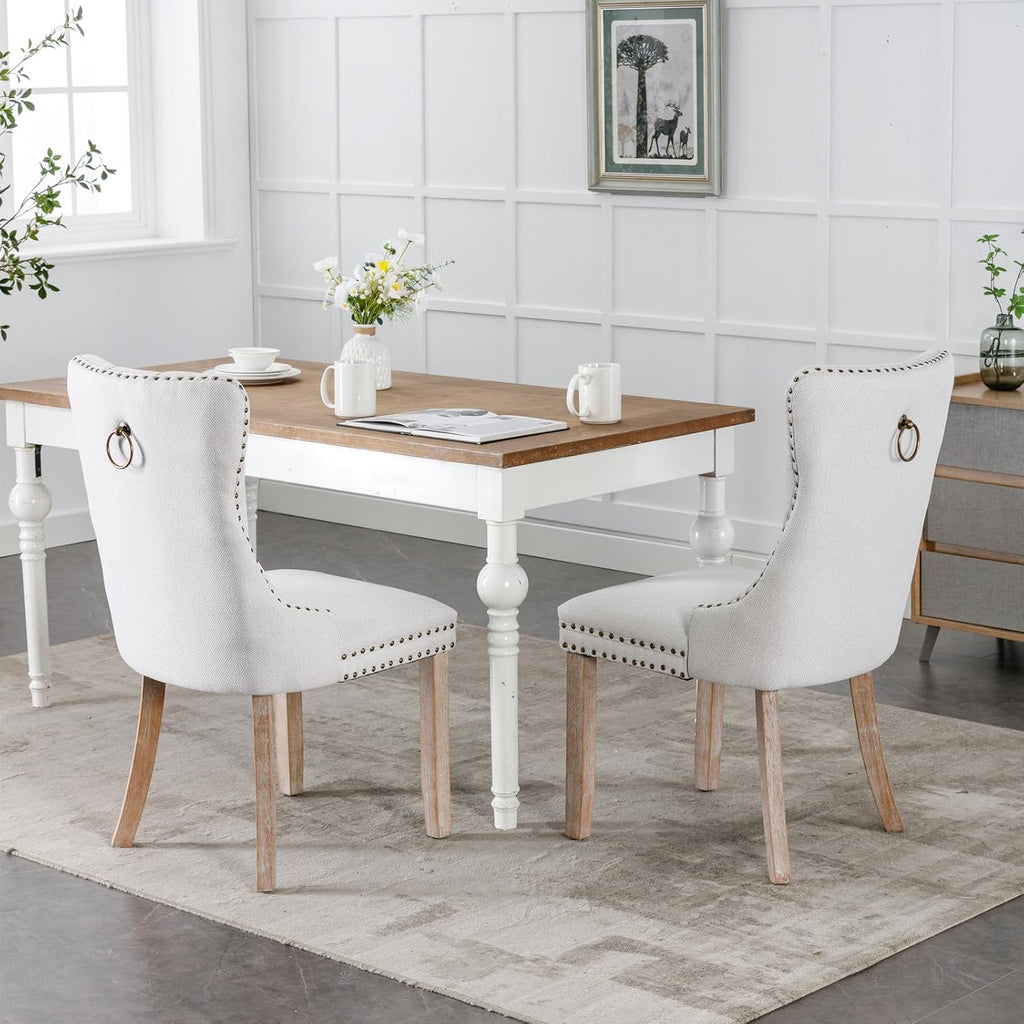 Linen Dining Chairs Set of 2, Tufted Upholstered High Wingback Chairs with Nailhead Trim & Pull Ring, Solid Wood Legs in Weathered Finish for Dining Room, Sillas de Comedor, Beige