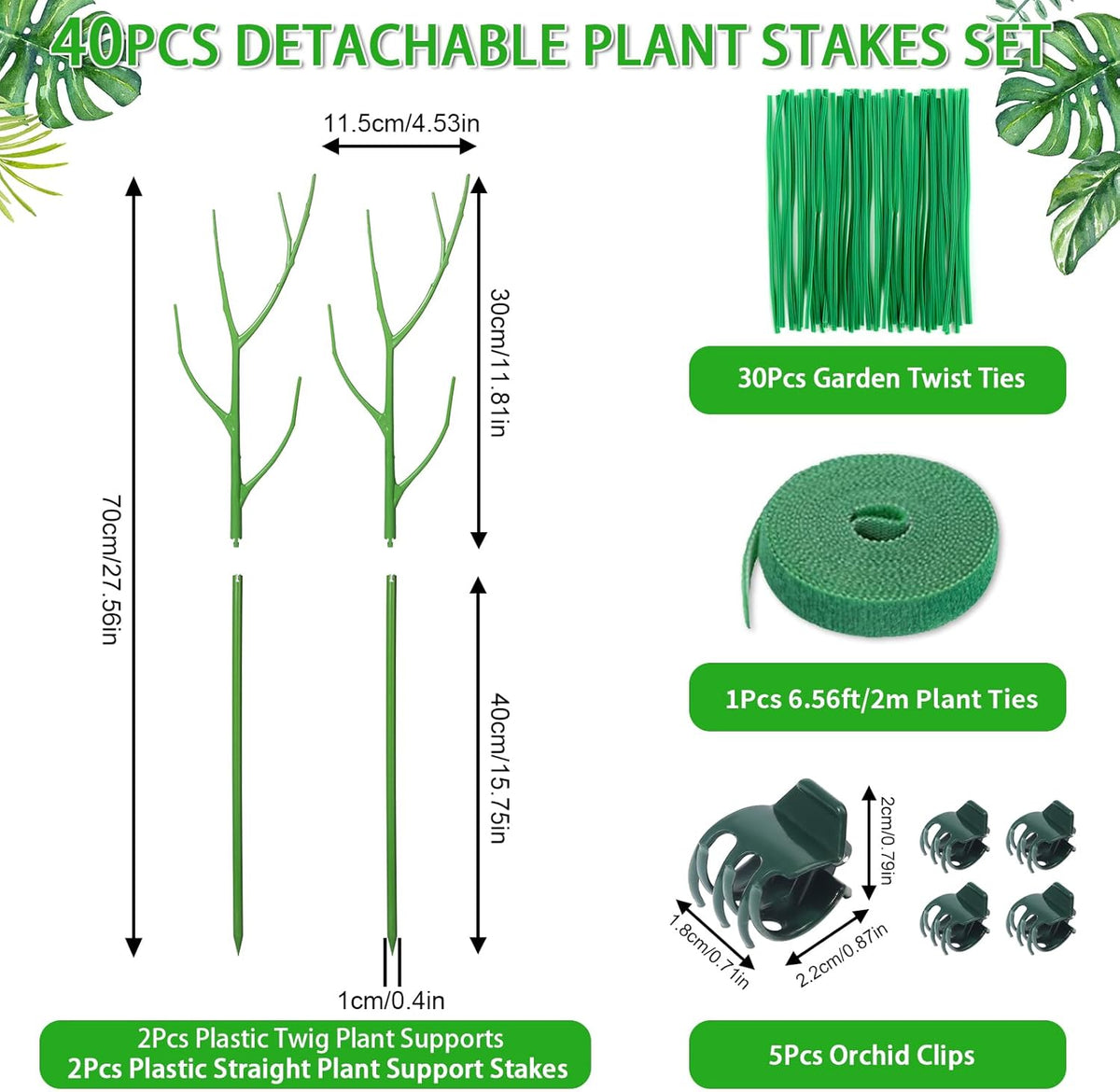 2 Pack 27.56" Detachable Twig Plant Support Stakes Set, Blends in to Plant, Branch Plant Sticks with Orchid Clips Twist Plant Ties, Twig Trellis for Indoor Outdoor Plants Potted Plants Flower