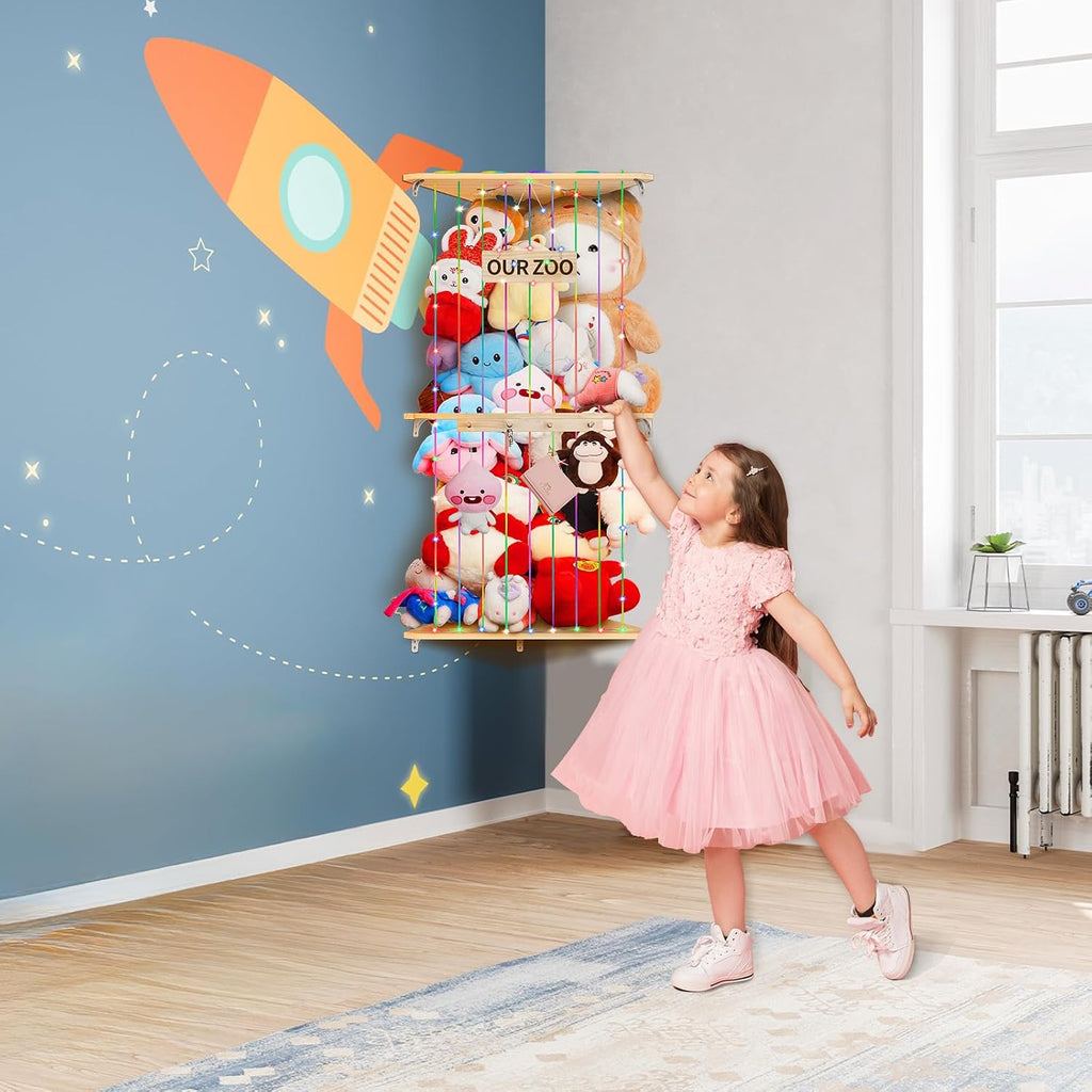 Corner Stuffed Animal Storage Toy Storage Organizer Stuffed Zoo Storage Wood Stuffed Toy Holder DIY Storage W/Star Pattern Hook Colorful Light Adjustable Double Layer Toys Storage for Nursery Bedroom