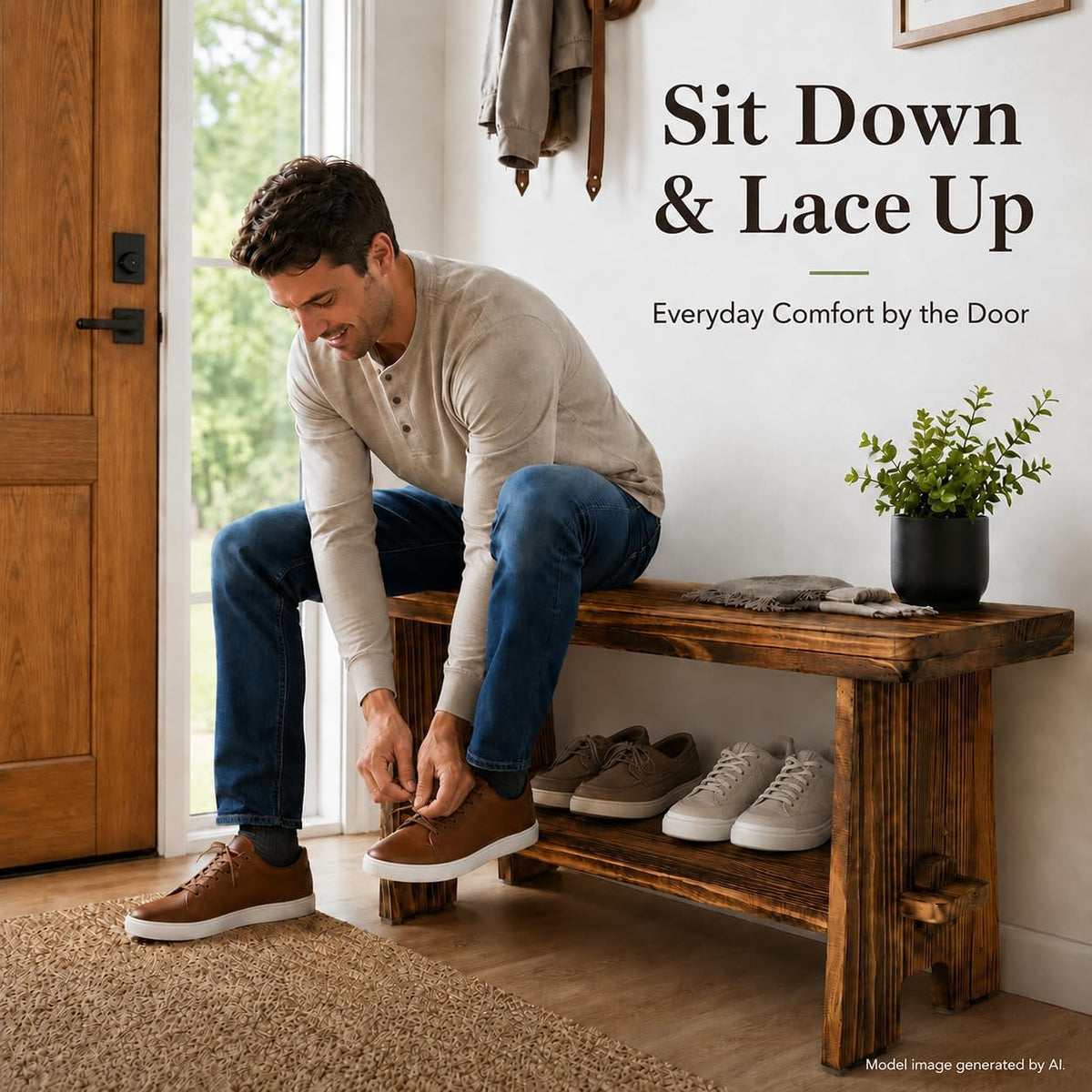 31.5" Solid Wood Entryway Bench, Farmhouse Rustic Storage Bench for Small Spaces, Narrow Indoor Bench Seat for Hallway, Living Room, Dining Room & Mudroom, Mortise-and-Tenon Base, Rustic Brown
