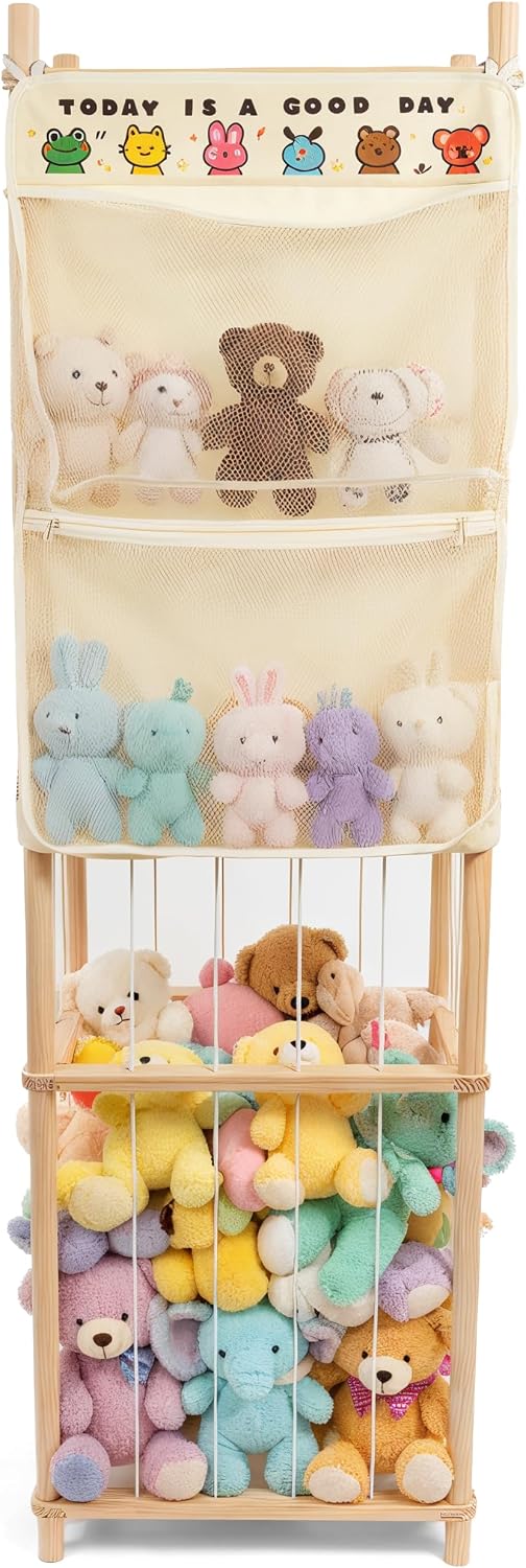 54-Inch Tall Stuffed Animal Storage Organizer - Premium Wooden Plush Toy Holder Zoo, Large Toy Storage Tower with Elastic Rope & Side Storage Bag for Kids Room, Nursery, Playroom, Corner (Sprinoak)