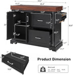 53" Large Kitchen Island with 3.5" Thick Desktop, Spice and Towel Racks, Rolling Kitchen Island with Storage on 5 Wheels, 2 Extra-Large Drawers, for Home, Kitchen, Dining Room, Black