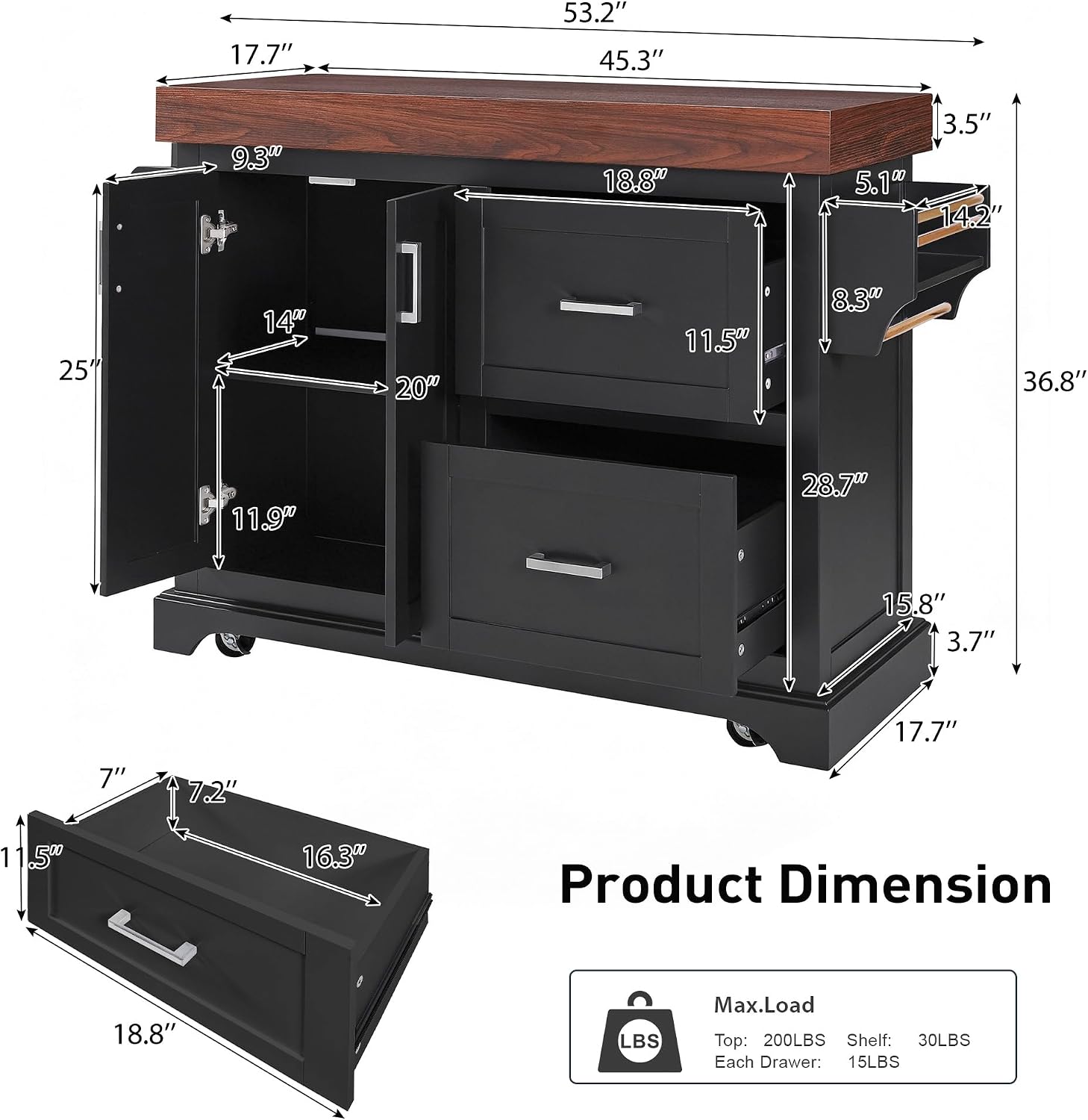 53" Large Kitchen Island with 3.5" Thick Desktop, Spice and Towel Racks, Rolling Kitchen Island with Storage on 5 Wheels, 2 Extra-Large Drawers, for Home, Kitchen, Dining Room, Black
