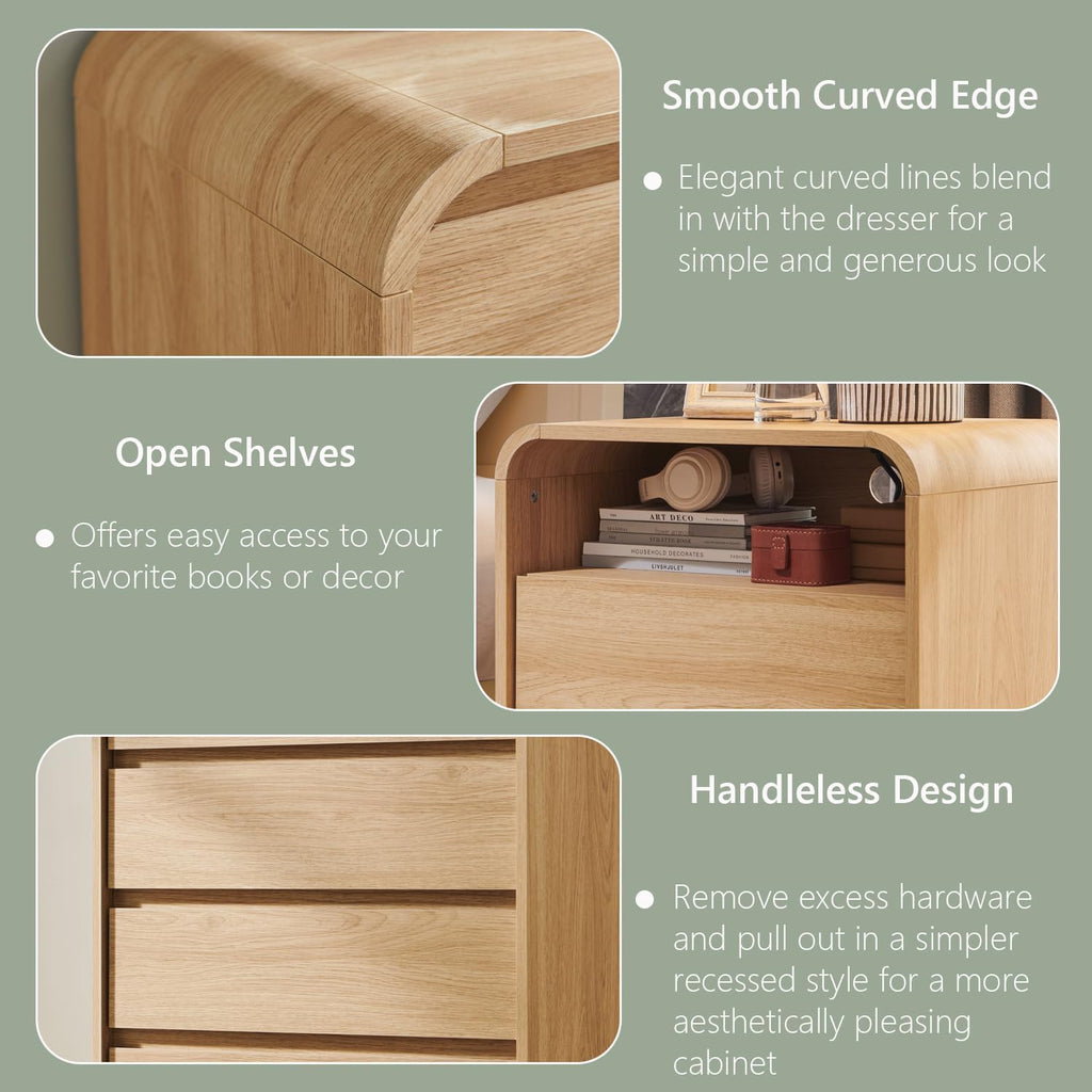 Aitjunz 25" Tall Modern Nightstand with Charging Station, 23.6'' Wide Wood Bedside Table w/2 Storage Drawers, Large Mid Century End Table for Bedroom, Living Room, Curved Profile Design,Natural Oak