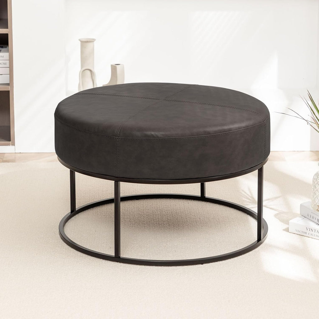 Modern Round Coffee Table, Farmhouse Ottoman for Living Room, Large Vintage Faux Leather Coffee Tables with Leather Upholstered Padded Seat [Round, Vintage Black, 30'']
