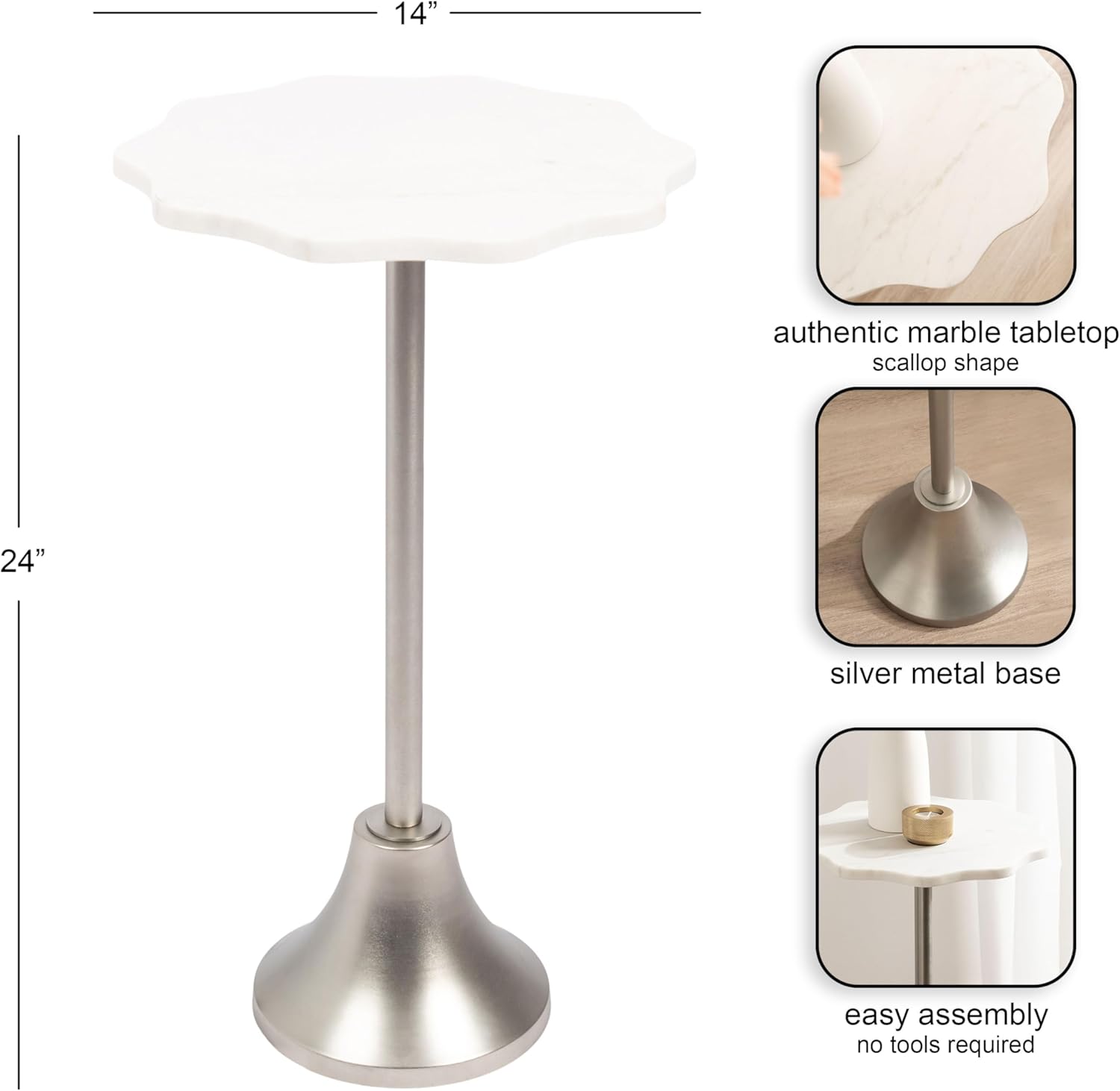 Kate and Laurel Sanzo Modern Pedestal Round Side Table, 14 x 14 x 24, White Marble and Silver, Decorative Circle End Table with Scalloped Marble Tabletop for Indoor Plant Stand or Bedroom Nightstand